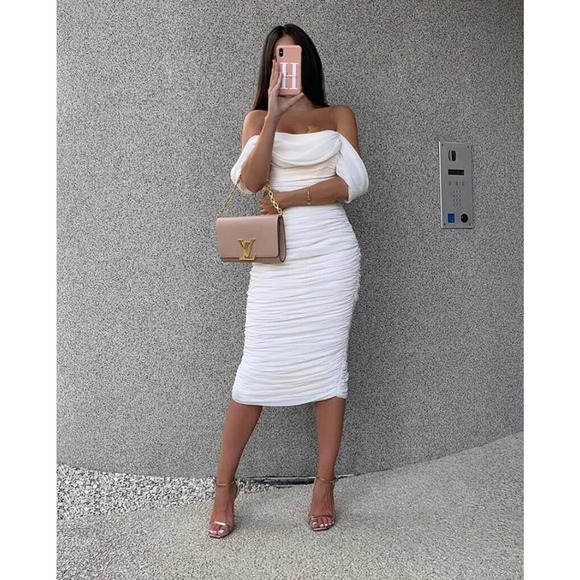 Sexy Ivory Ruched Draped Chiffon Dress - the price reflects that this is a copy - Picture 3 of 12